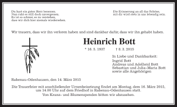 Traueranzeige von Heinrich Bott von Gießener Allgemeine, Alsfelder Allgemeine