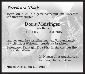 Traueranzeige von Doris Meisinger von Gießener Allgemeine, Alsfelder Allgemeine