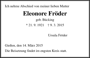 Traueranzeige von Eleonore Fröder von Gießener Allgemeine, Alsfelder Allgemeine
