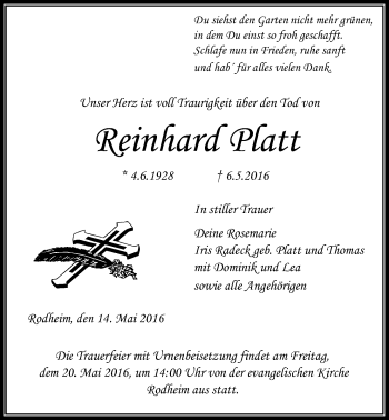 Traueranzeige von Reinhard Platt von Gießener Allgemeine, Alsfelder Allgemeine