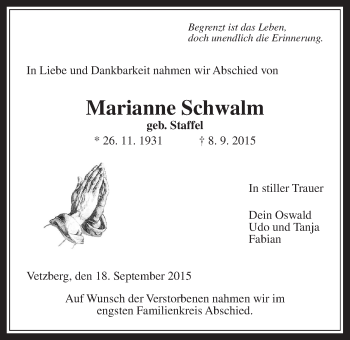 Traueranzeige von Marianne Schwalm von Gießener Allgemeine, Alsfelder Allgemeine