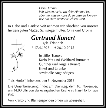 Traueranzeige von Gertraud Kunert von Licher Wochenblatt, Licher Wochenblatt, Licher Wochenblatt