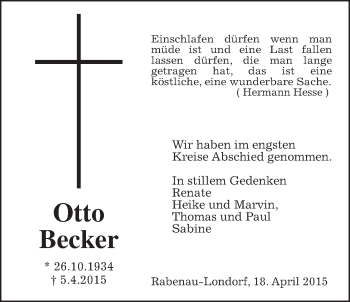 Traueranzeige von Otto Becker von Gießener Allgemeine, Alsfelder Allgemeine