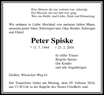 Traueranzeige von Peter Spiske von Gießener Allgemeine, Alsfelder Allgemeine