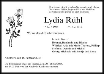 Traueranzeige von Lydia Rühl von Gießener Allgemeine, Alsfelder Allgemeine