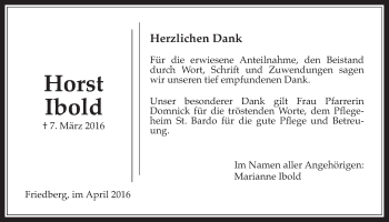 Traueranzeige von Horst Ibold von Wetterauer Zeitung, Wetterauer Zeitung