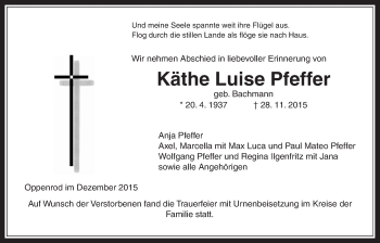 Traueranzeige von Käthe Luise Pfeffer von Gießener Allgemeine, Alsfelder Allgemeine