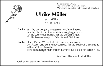 Traueranzeige von Ulrike Müller von Gießener Allgemeine, Alsfelder Allgemeine