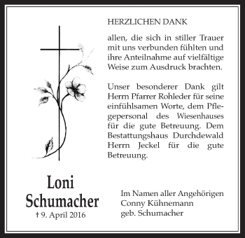 Traueranzeige von Loni Schumacher von Wetterauer Zeitung, Wetterauer Zeitung