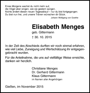 Traueranzeige von Elisabeth Menges von Gießener Allgemeine, Alsfelder Allgemeine
