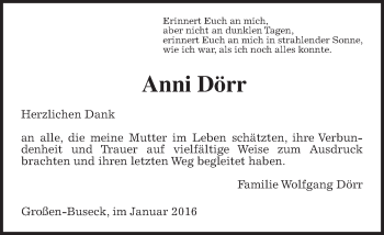 Traueranzeige von Anni Dörr von Gießener Allgemeine, Alsfelder Allgemeine, Wetterauer Zeitung, Wetterauer Zeitung