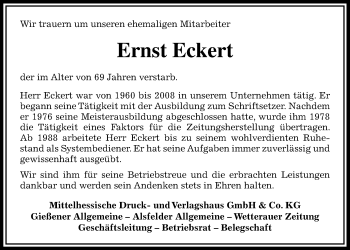 Traueranzeige von Ernst Josef Eckert von Gießener Allgemeine, Alsfelder Allgemeine