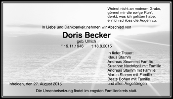 Traueranzeige von Doris Becker von Licher Wochenblatt, Licher Wochenblatt, Licher Wochenblatt