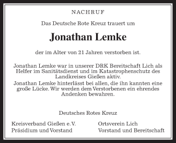 Traueranzeige von Jonathan Lemke von Gießener Allgemeine, Alsfelder Allgemeine