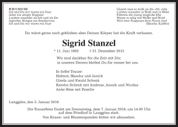 Traueranzeige von Sigrid Stanzel von Gießener Allgemeine, Alsfelder Allgemeine