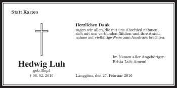 Traueranzeige von Hedwig Luh von Gießener Allgemeine, Alsfelder Allgemeine