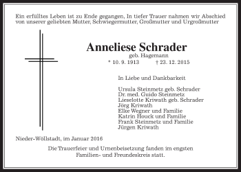 Traueranzeige von Anneliese Schrader von Wetterauer Zeitung, Wetterauer Zeitung