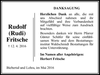 Traueranzeige von Rudolf Fritsche von Gießener Allgemeine, Alsfelder Allgemeine