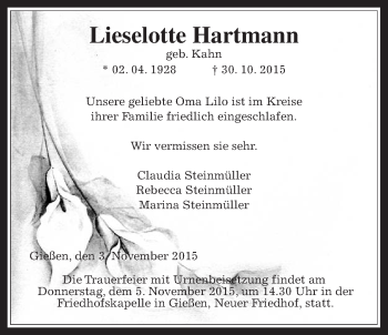 Traueranzeige von Lieselotte Hartmann von Gießener Allgemeine, Alsfelder Allgemeine