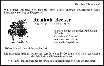 Traueranzeige von Reinhold Becker von Gießener Allgemeine, Alsfelder Allgemeine