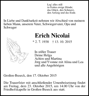 Traueranzeige von Erich Nicolai von Gießener Allgemeine, Alsfelder Allgemeine