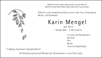 Traueranzeige von Karin Mengel von Wetterauer Zeitung, Wetterauer Zeitung