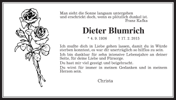 Traueranzeige von Dieter Blumrich von Gießener Allgemeine, Alsfelder Allgemeine