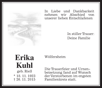 Traueranzeige von Erika Kuhl von Wetterauer Zeitung, Wetterauer Zeitung