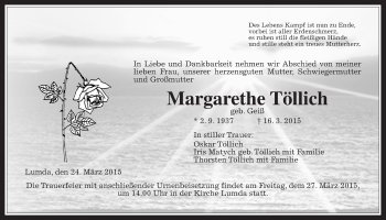Traueranzeige von Margarethe Töllich 