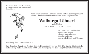 Traueranzeige von Walburga Löhnert von Wetterauer Zeitung, Wetterauer Zeitung