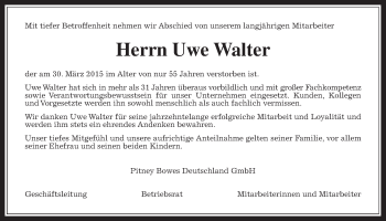 Traueranzeige von Uwe Walter von Gießener Allgemeine, Alsfelder Allgemeine