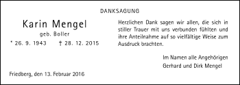 Traueranzeige von Karin Mengel von Gießener Allgemeine, Alsfelder Allgemeine
