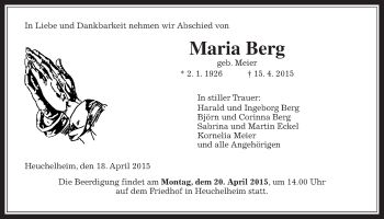 Traueranzeige von Maria Berg von Gießener Allgemeine, Alsfelder Allgemeine