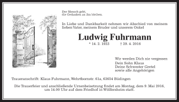 Traueranzeige von Ludwig Fuhrmann von Wetterauer Zeitung, Wetterauer Zeitung