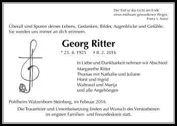 Traueranzeige von Georg Ritter von Gießener Allgemeine, Alsfelder Allgemeine