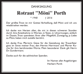 Traueranzeige von Rotraut Porth von Wetterauer Zeitung, Wetterauer Zeitung