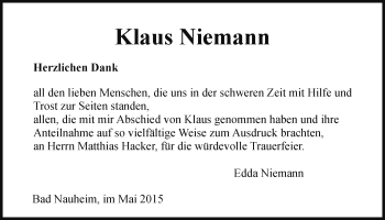 Traueranzeige von Klaus Niemann von Wetterauer Zeitung, Wetterauer Zeitung