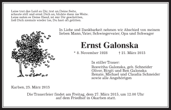 Traueranzeige von Ernst Galonska von Wetterauer Zeitung, Wetterauer Zeitung