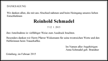 Traueranzeige von Reinhold Schmadel von Gießener Allgemeine, Alsfelder Allgemeine