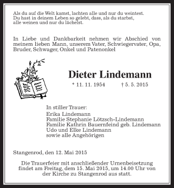 Traueranzeige von Dieter Lindemann von Gießener Allgemeine, Alsfelder Allgemeine
