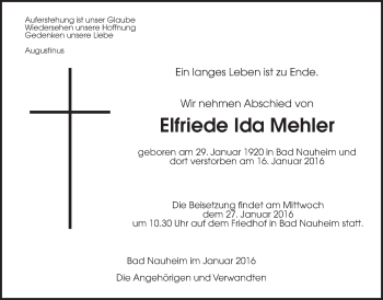 Traueranzeige von Elfriede Ida Mehler von Wetterauer Zeitung, Wetterauer Zeitung