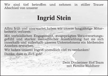 Traueranzeige von Ingrid Stein von Wetterauer Zeitung, Wetterauer Zeitung