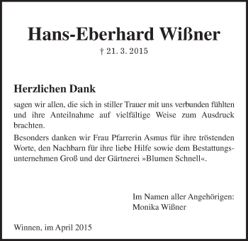 Traueranzeige von Hans-Eberhard Wißner von Allendorfer Mitteilungen