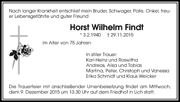 Traueranzeige von Horst Wilhelm Findt von Licher Wochenblatt, Licher Wochenblatt, Licher Wochenblatt