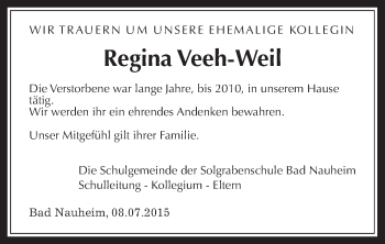 Traueranzeige von Regina Veeh-Weil von Wetterauer Zeitung, Wetterauer Zeitung