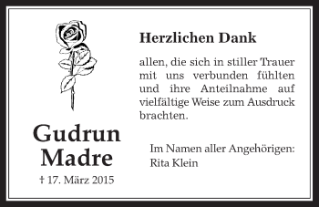 Traueranzeige von Gudrun Madre von Wetterauer Zeitung, Wetterauer Zeitung