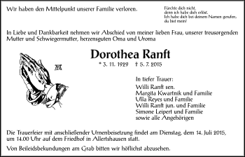Traueranzeige von Dorothea Ranft von Gießener Allgemeine, Alsfelder Allgemeine