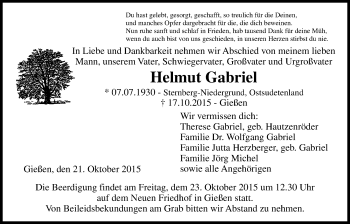 Traueranzeige von Helmut Gabriel von Gießener Allgemeine, Alsfelder Allgemeine