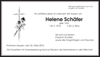 Traueranzeige von Helene Schäfer von Gießener Allgemeine, Alsfelder Allgemeine