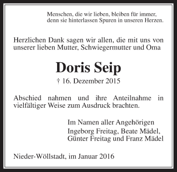 Traueranzeige von Doris Seip von Wetterauer Zeitung, Wetterauer Zeitung